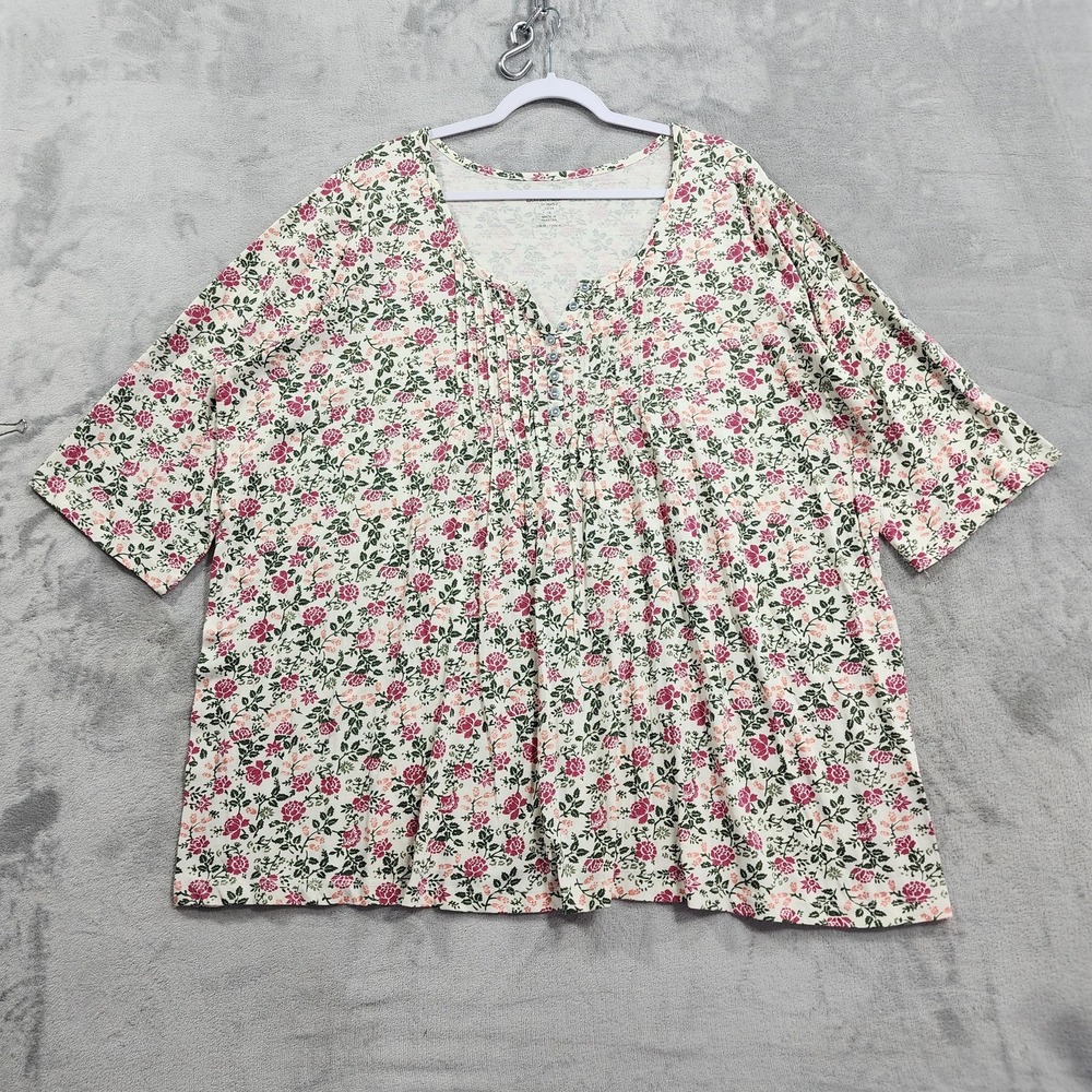 Woman Within Top Womens 1X Multicolor Floral Scoop Neck 3/4 Roll Tab Tee Casual
